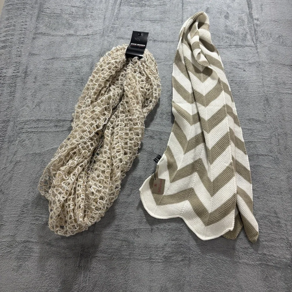 Steve Madden Womens OS Beige White Scarf‎ Lot 2 Leopard Chevron Lightweight Chic